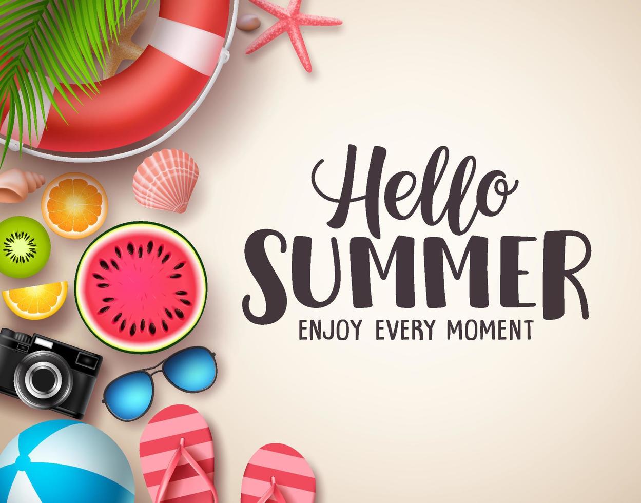 Hello summer vector background. Summer text in wood textured background with colorful beach elements like tropical fruits, beach ball and seashells. Vector illustration.