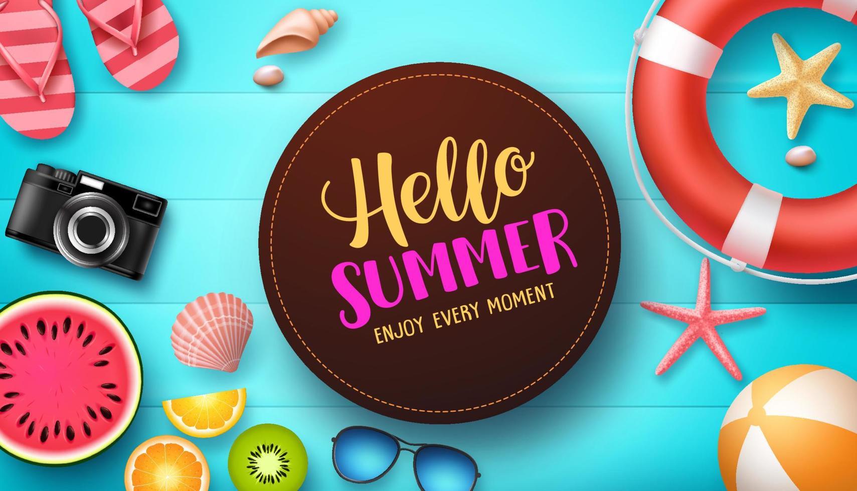 Hello summer vector design. Hello summer text with colorful beach elements like tropical fruits, palm leaves and beach ball in blue wooden texture background. Vector illustration.