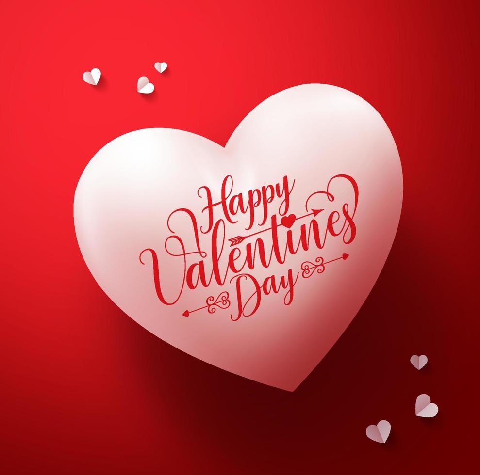 Saludos de caligrafía de feliz día de San Valentín en forma de corazón realista 3d con adornos de corazones cortados en papel blanco en fondo rojo. ilustración vectorial. vector