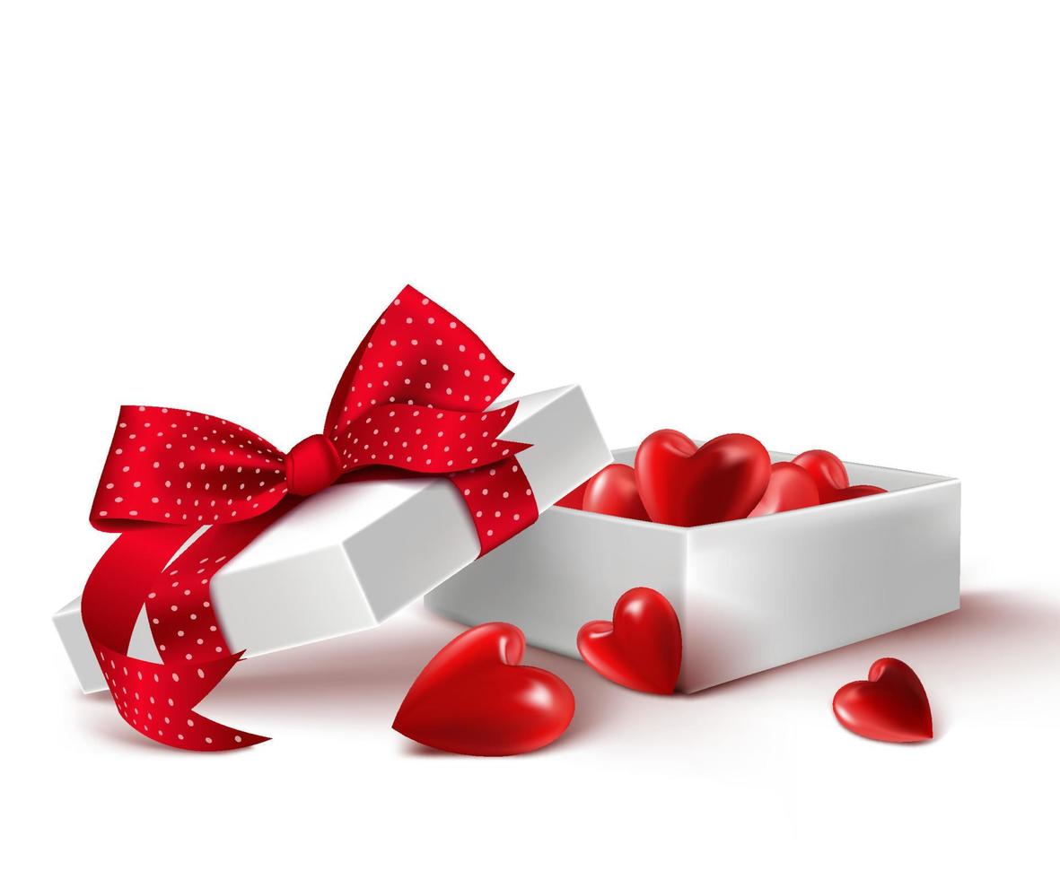 caja de regalo blanca 3d realista con corazones de globos en el interior envuelto en una cinta roja para el día de San Valentín romántico y las ofrendas. ilustración vectorial aislada vector