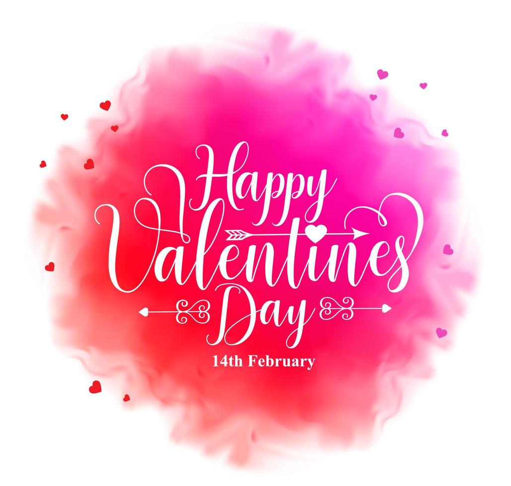 Happy valentines day calligraphy text in colorful watercolor like texture with hearts elements in white background. Vector illustration.