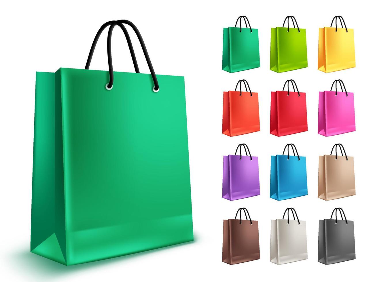Shopping bags vector set. Empty paper bags with green and other colors isolated in white for shopping and market design elements. Vector illustration.