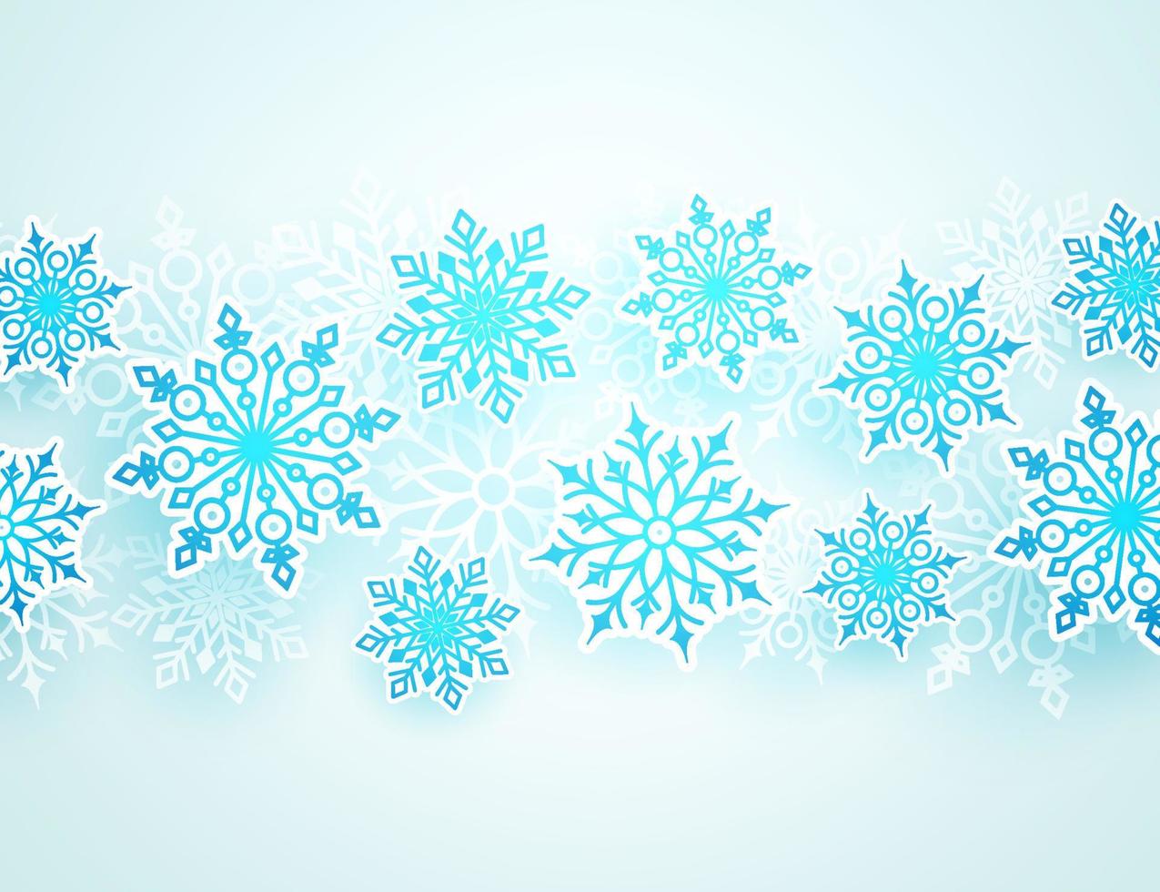 Winter vector background with falling snowflakes of different shapes in white background with empty space for text. Vector illustration.