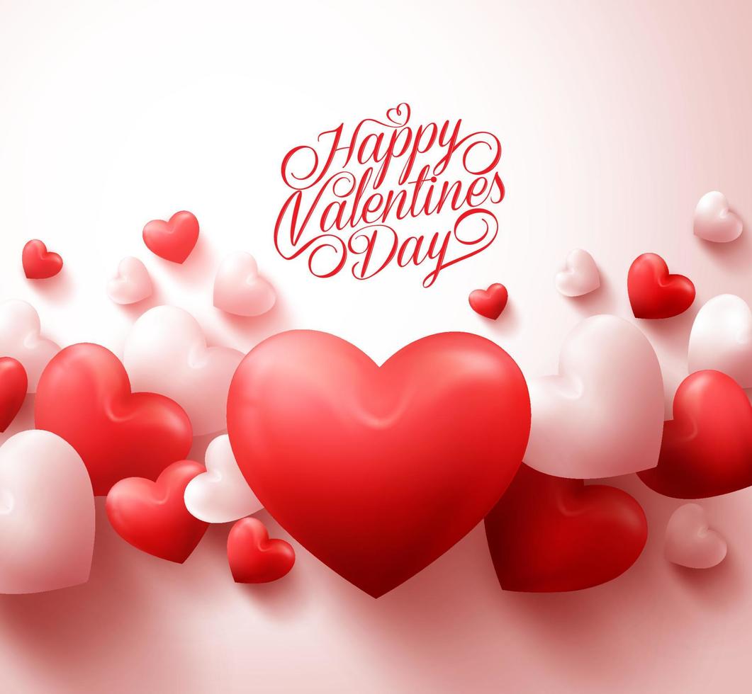 Happy Valentines Day Background with 3D Realistic Red Hearts and Typography Text in White Background. Vector Illustration