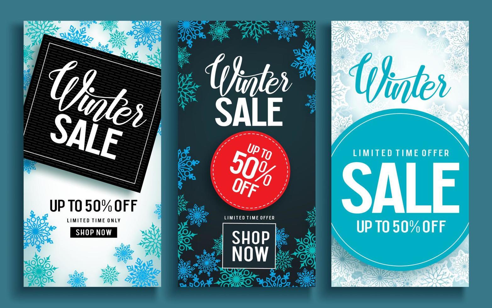 Winter sale vector poster template set with discount text and snow elements in different backgrounds for holiday shopping promotion. Vector illustration.