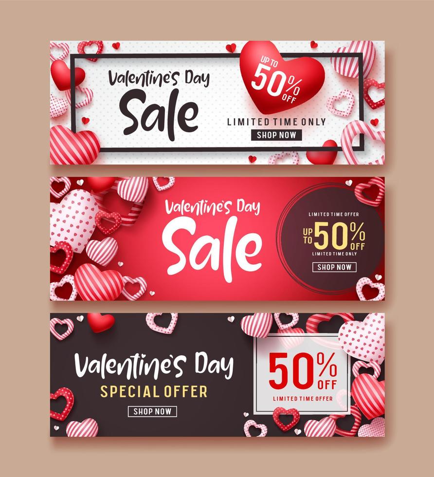 valentines day sale vector banner template set. Valentines day sale text with hearts elements in red and white backgrounds for shopping promotions. Vector illustration.