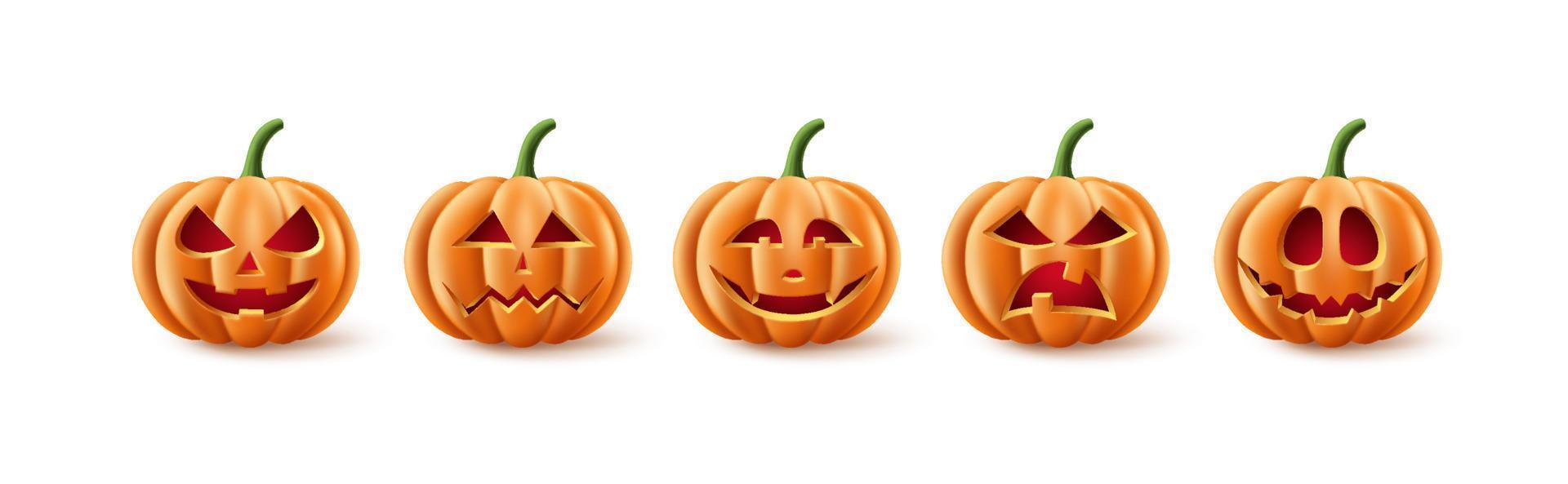 Conjunto de vectores de calabazas de Halloween. colección de elementos de calabaza de halloween en espeluznante, aterrador y espeluznante con expresiones faciales para iconos y decoraciones aisladas en fondo blanco. ilustración vectorial.