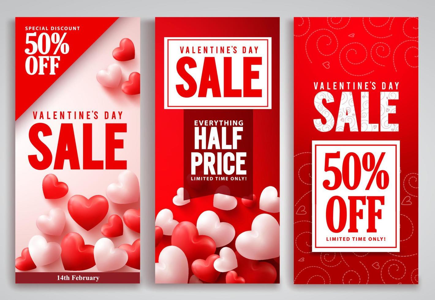 Valentines day sale vector poster set designs with red hearts shape elements and discount text in a background for valentines seasonal shopping promotion. Vector illustration.