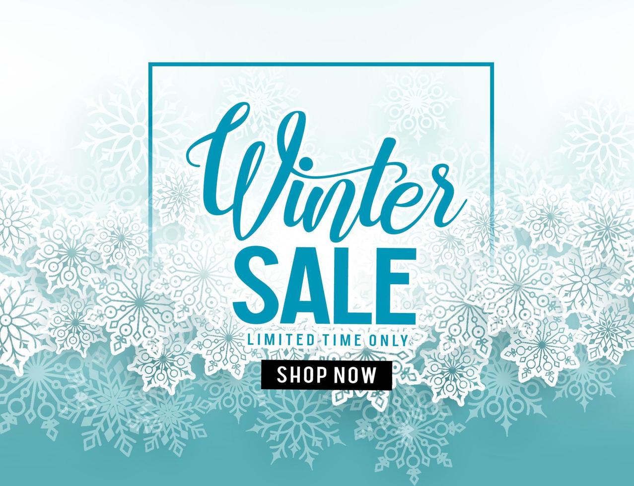 Winter sale vector banner with  white snowflakes elements and winter sale text in blue snow background for seasonal promotion. Vector illustration.