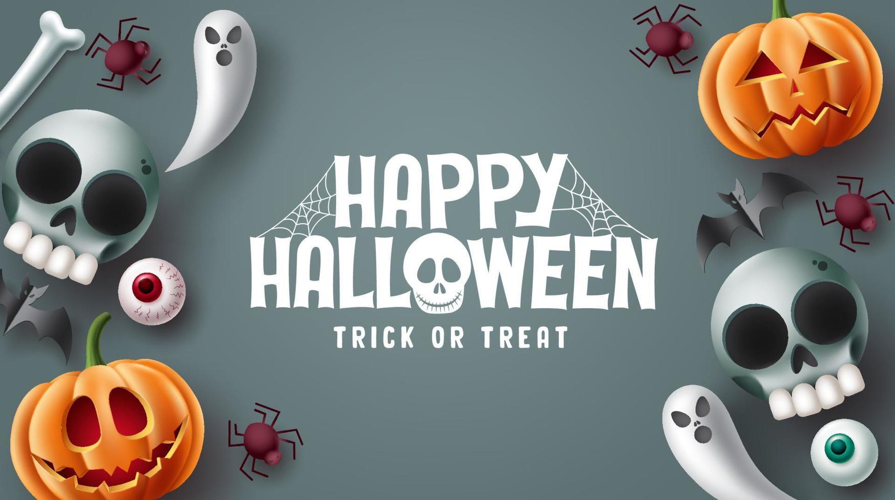 diseño de vector de texto de feliz halloween. truco o trato de Halloween en el fondo del espacio gris con personajes de mascotas aterradores, espeluznantes, espeluznantes y lindos. ilustración vectorial.