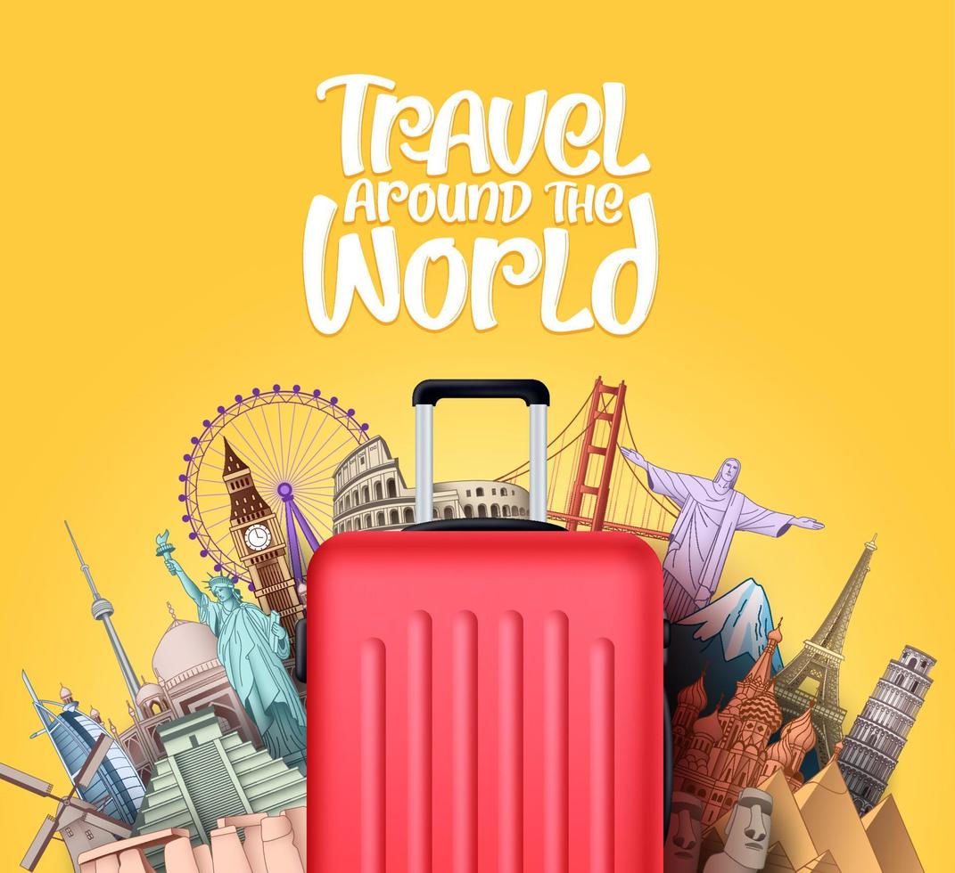 Travel around the world vector design. Travel in famous tourism landmarks and around the world attractions elements with luggage travelling bag for travelling. Vector illustration.