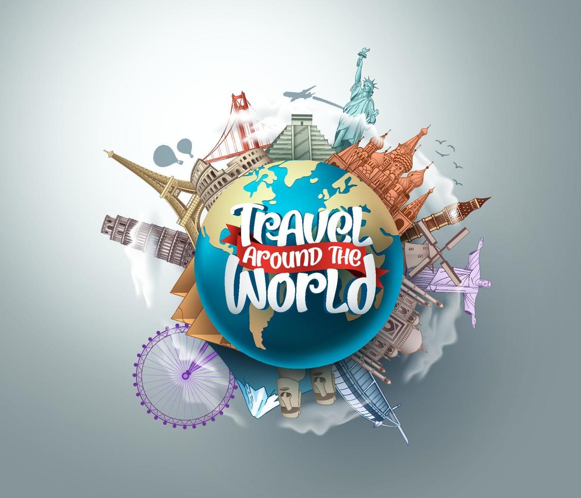 Travel around the world vector landmarks design. Travel in famous tourism landmarks and world attractions elements and text in a 3d globe empty space. Vector illustration.