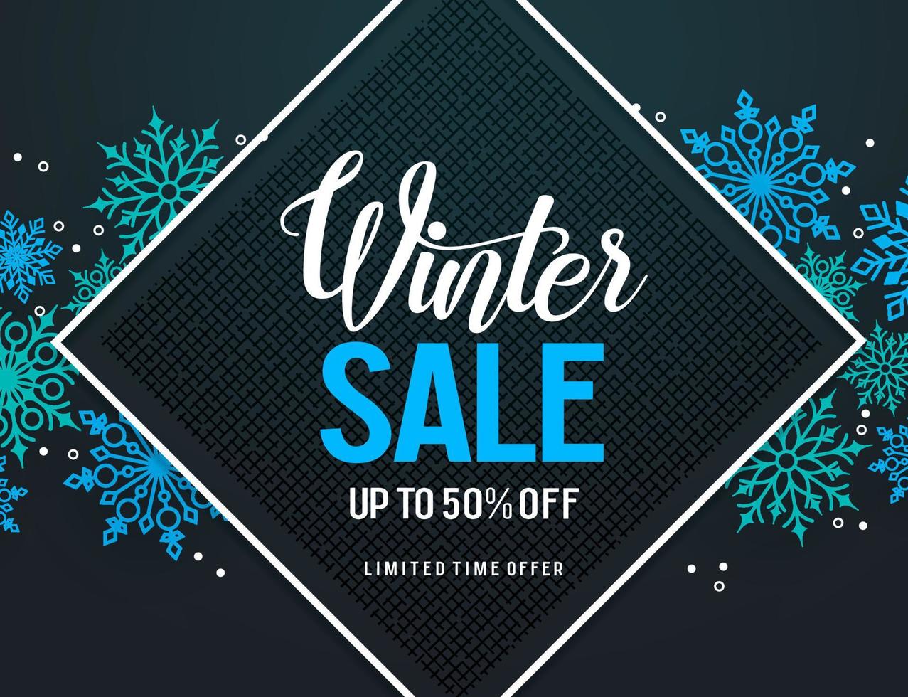 Winter sale vector banner design with colorful snow elements and discount text inside the frame in black snowflakes background for holiday marketing promotion. Vector illustration.