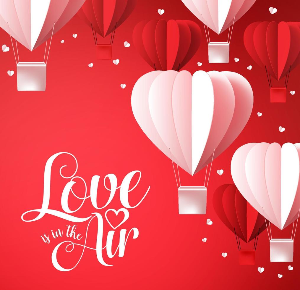 El fondo del día de San Valentín con amor está en el aire tipografía en rojo con globos en forma de corazón cortados en papel volando y decoración de corazones blancos. ilustración vectorial. vector