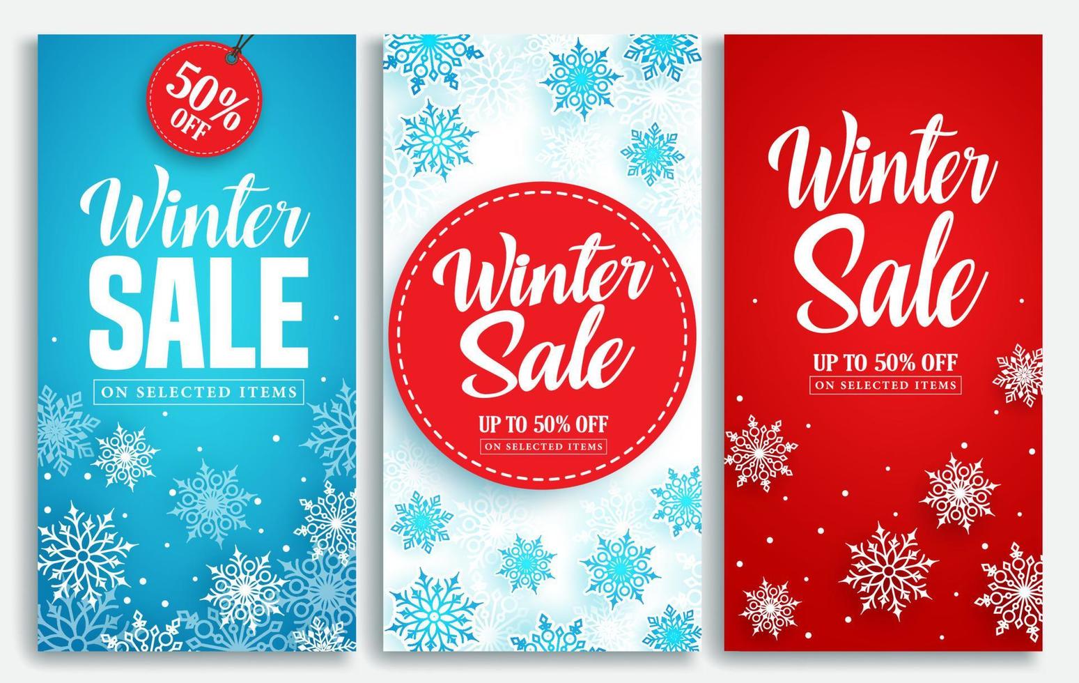Winter sale vector poster or banner set with discount text and snow elements in blue and red snowflakes background for shopping promotion. Vector illustration.