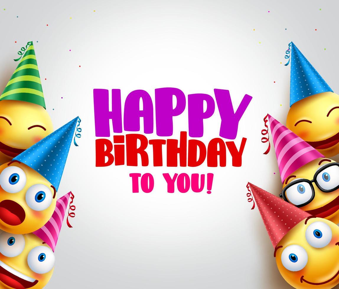 Emoji vector background with happy birthday greeting, funny wearing colorful birthday hats for party and celebrations. Vector illustration.