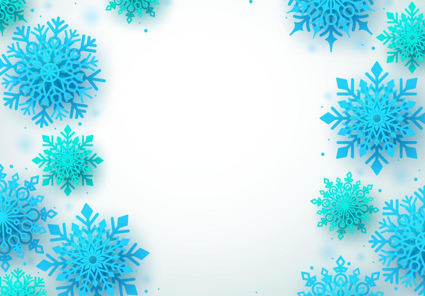 Fondo de vector de copos de nieve de invierno. Fondo de invierno blanco con copos de nieve azules y espacios en blanco vacíos para el texto. ilustración vectorial.