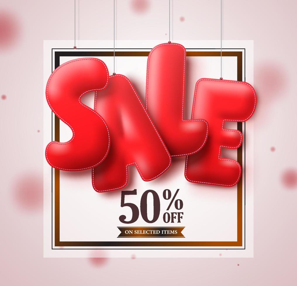 Sale balloons red 3D text hanging in white square background vector banner design for store marketing promotions. Vector illustration.