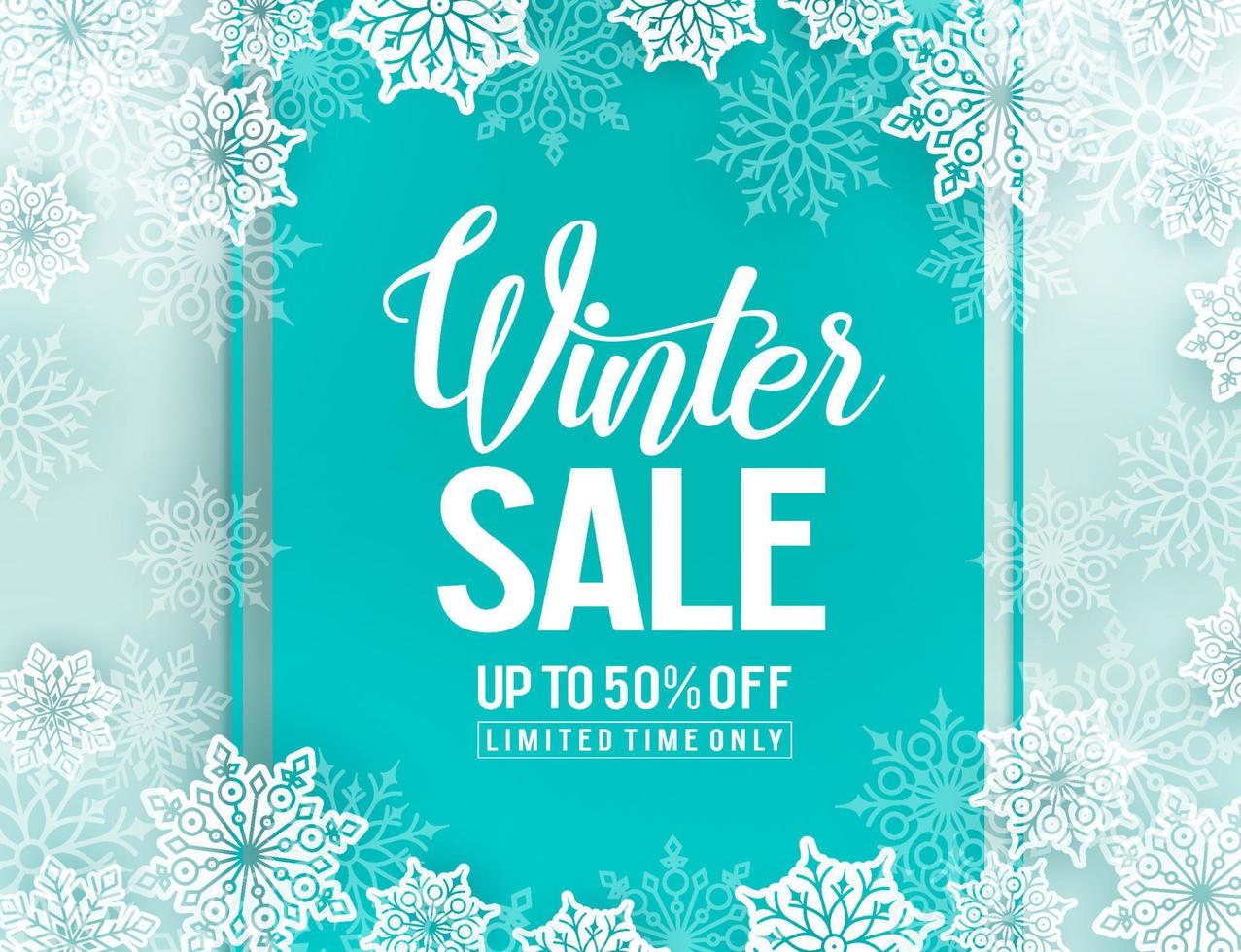 Winter sale vector background template with snowflakes elements and discount text in white snow background for seasonal shopping promotion. Vector illustration.