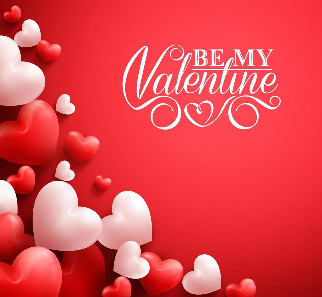 Corazones de San Valentín suaves y lisos coloridos 3d realistas en fondo rojo con saludos felices del día de San Valentín. ilustración vectorial vector