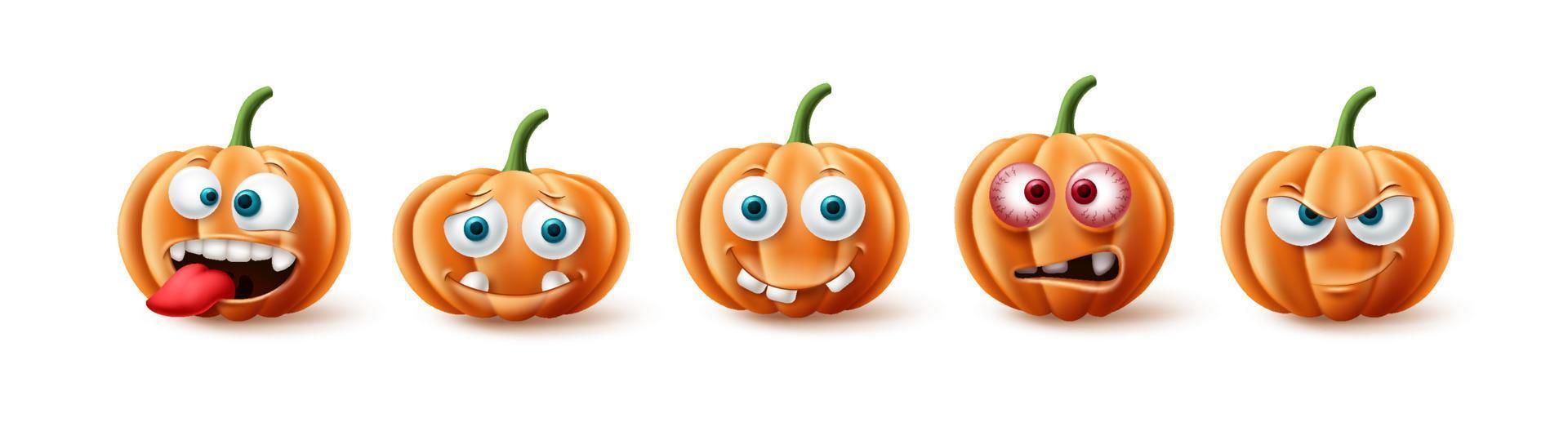 Conjunto de vectores de calabazas de Halloween. Carácter de calabaza de Halloween en expresión facial divertida, feliz y aterradora para la colección de elementos aislados en fondo blanco. ilustración vectorial.