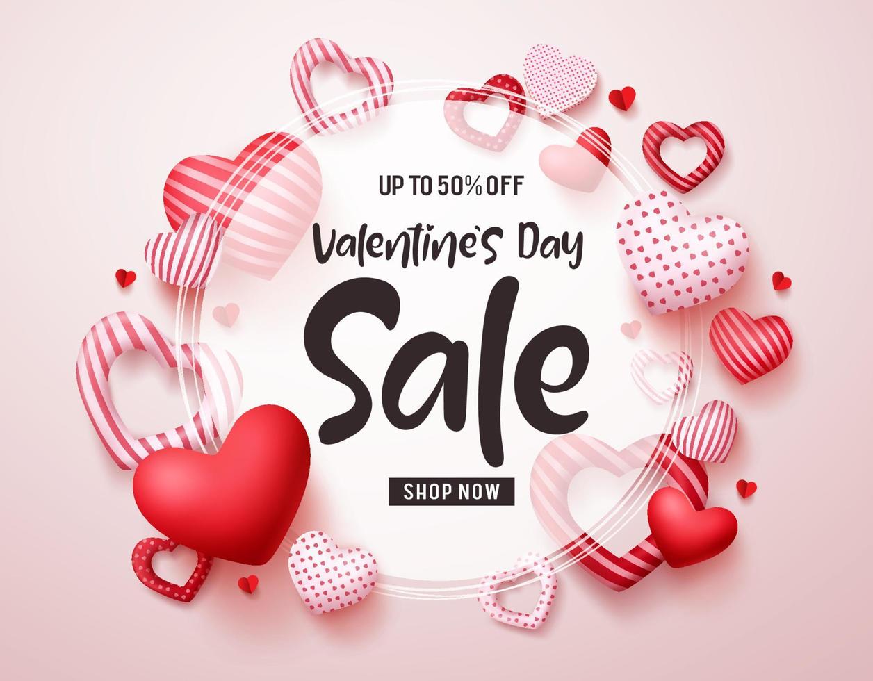 Valentines day sale vector banner. Sale discount promotion text in white frame with red valentines hearts elements in white background. Vector illustration.