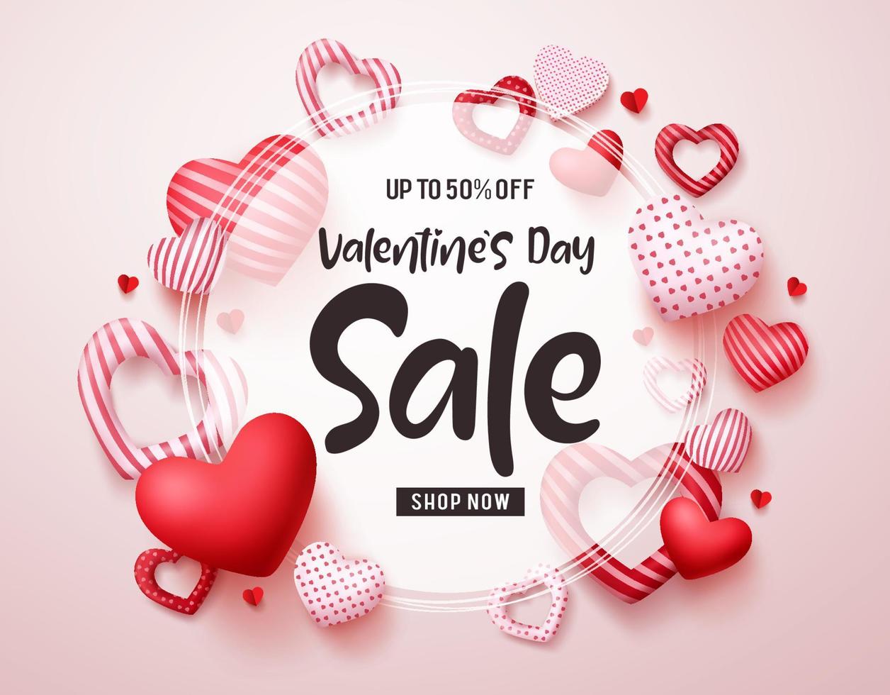 banner de vector de venta de día de San Valentín. texto de promoción de descuento de venta en marco blanco con elementos rojos de corazones de San Valentín en fondo blanco. ilustración vectorial.