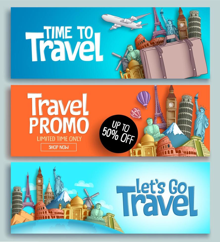 Travel banner set vector template design with travel and tour text and world's famous landmarks and tourist destinations elements in colorful background. Vector illustration.