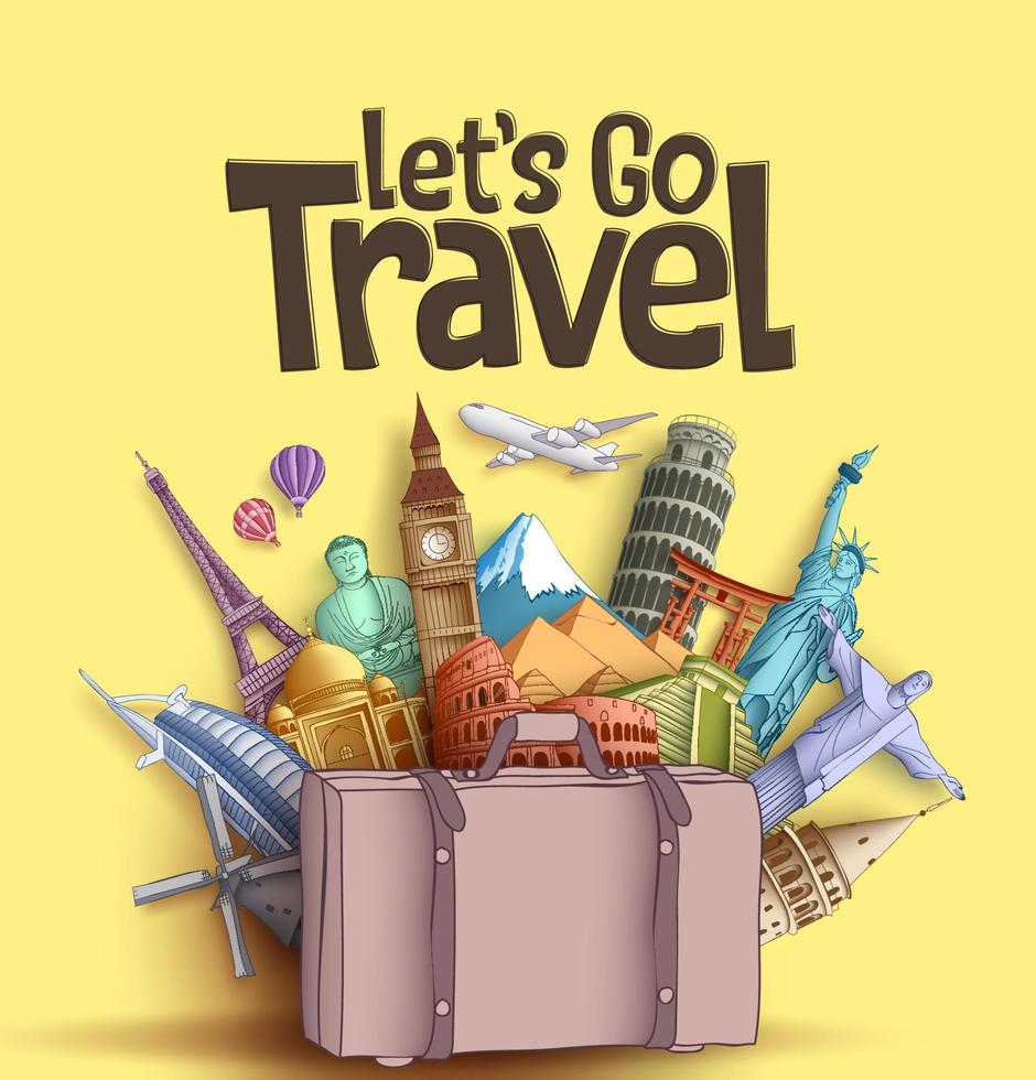 Let's go travel vector banner design with famous world tourism attractions and travel destinations elements in a traveling bag. Vector illustration in yellow background.