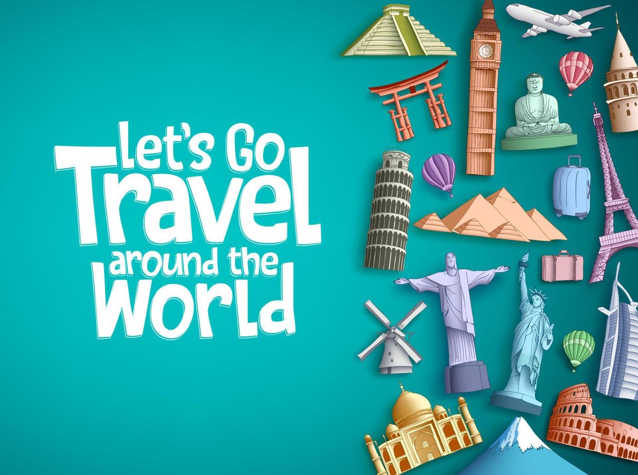 Travel around the world vector background design with famous tourism landmarks and world attractions elements and text in a blue empty space. Vector illustration.