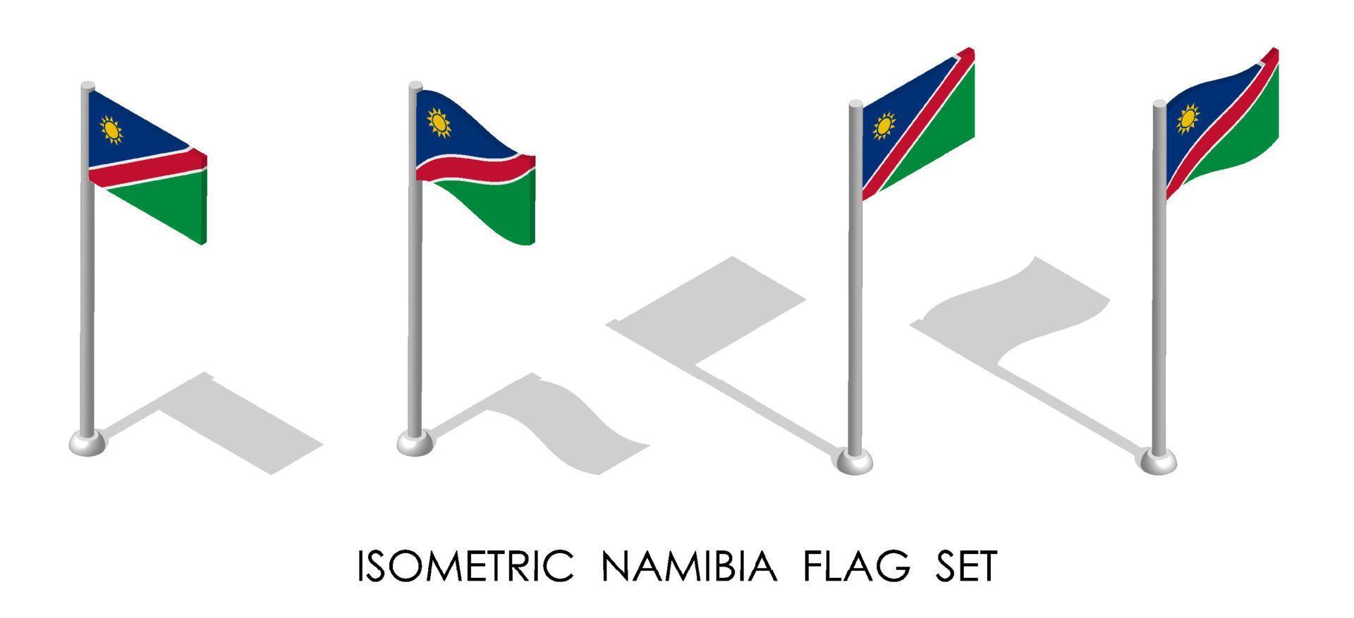 bandera isométrica de namibia en posición estática y en movimiento en el asta de la bandera. Vector 3d