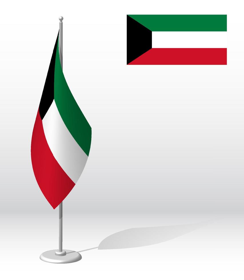 Bandera de Kuwait en el asta de la bandera para el registro de un evento solemne, reunión con invitados extranjeros. día de la independencia nacional de kuwait. vector 3d realista en blanco