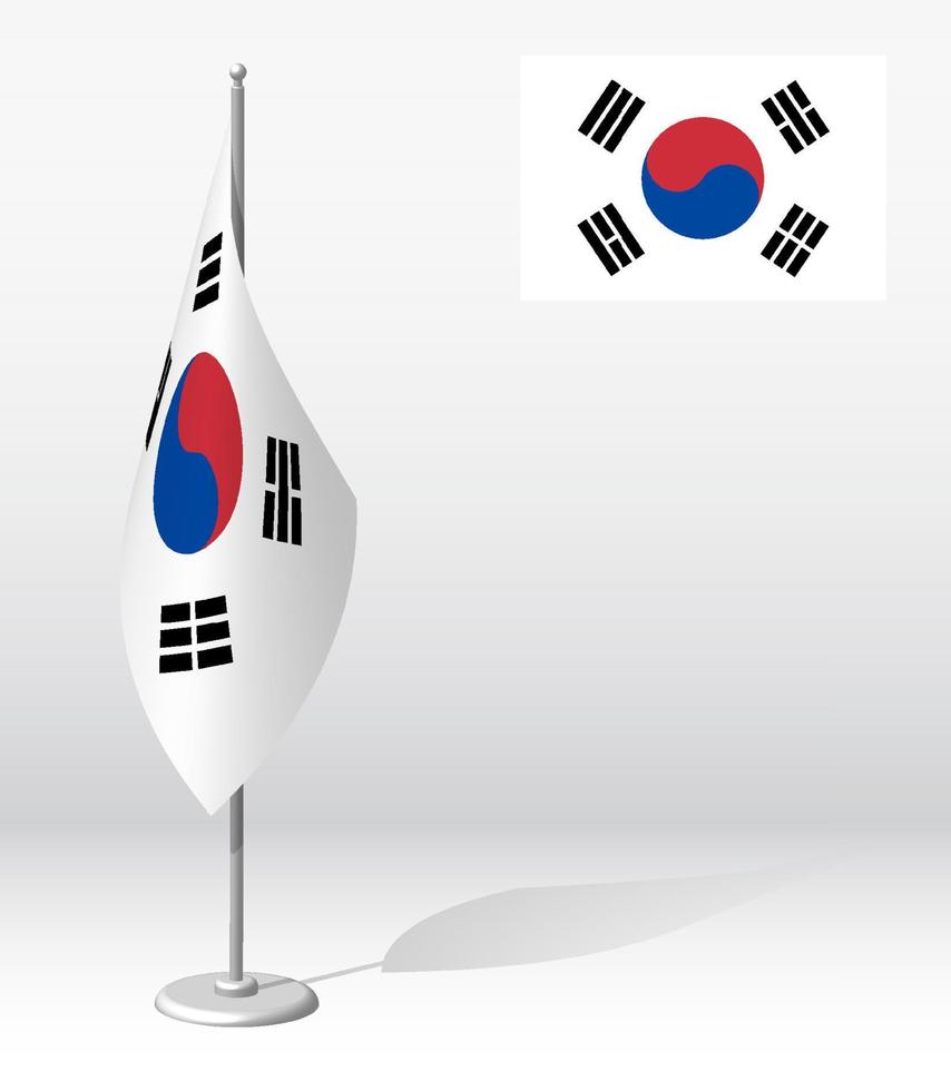 bandera de corea del sur en el asta de la bandera para el registro del evento solemne, reunión con invitados extranjeros. día de la independencia nacional de corea. vector 3d realista en blanco