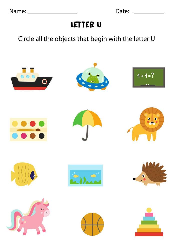 Letter recognition for kids. Circle all objects that start with U. vector