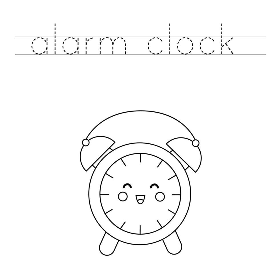Trace the letters and color cute alarm clock. Handwriting practice for kids. vector