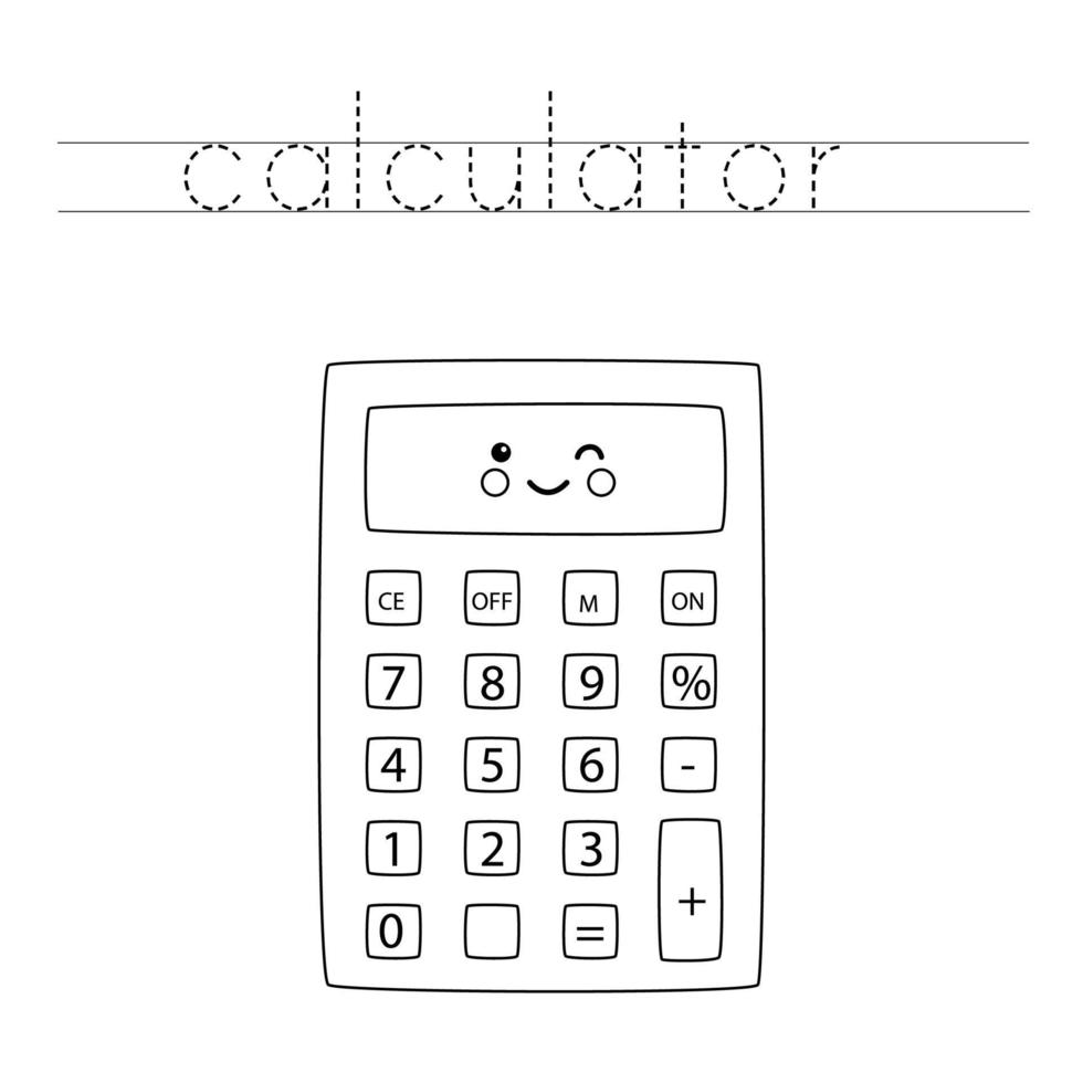 Trace the letters and color cute calculator. Handwriting practice for kids. vector