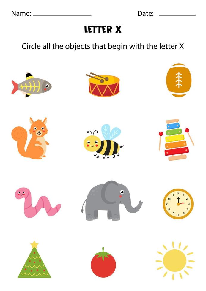 reconocimiento de letras para niños. encierre en un círculo todos los  objetos que comiencen con x. 4929579 Vector en Vecteezy