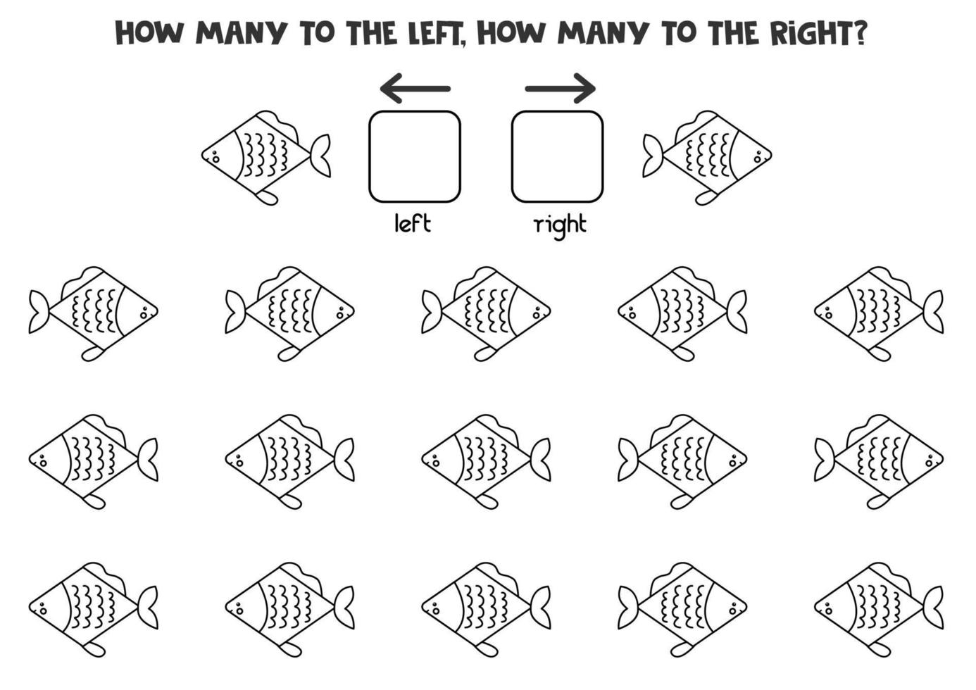 Left or right with cute cartoon fish. Logical worksheet for preschoolers. vector