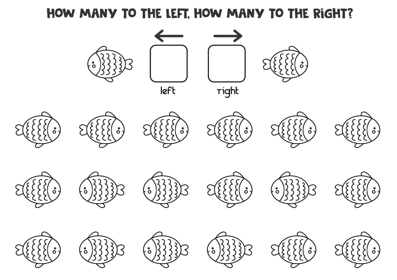 Left or right with cute cartoon fish. Logical worksheet for preschoolers. vector