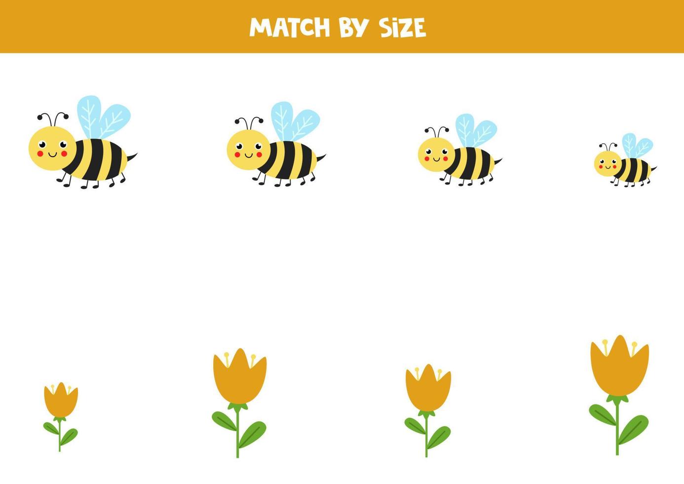 Matching game for preschool kids. Match bees and flowers by size. vector