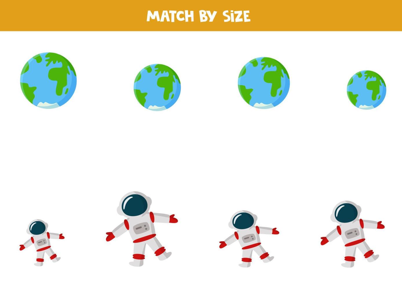 Matching game for preschool kids. Match Earth and astronaut by size. vector