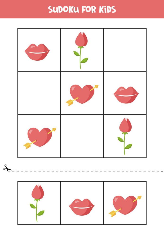 Sudoku with valentine elements for preschool kids. Logical game for girls. vector