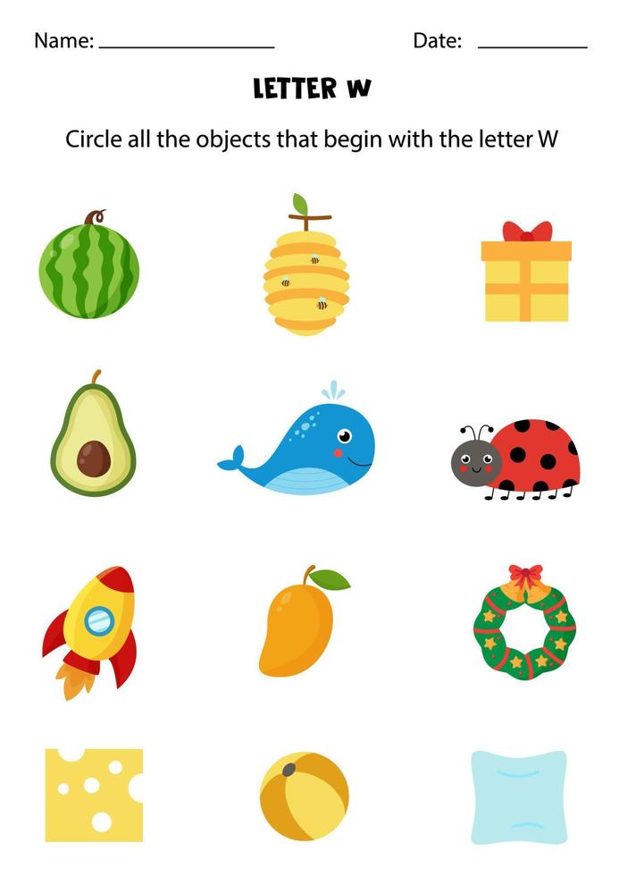 Letter recognition for kids. Circle all objects that start with W. vector