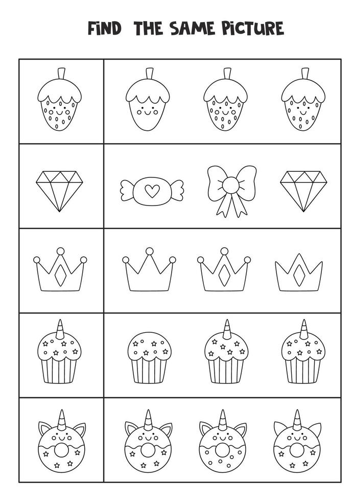 Find two the same cute pictures. Black and white worksheet. vector
