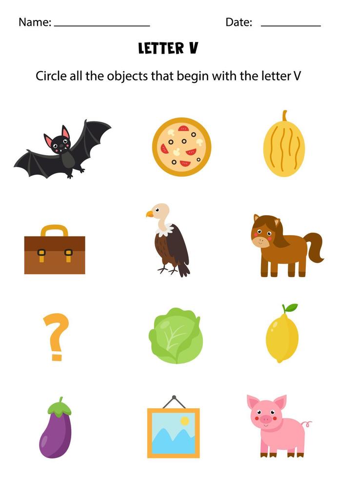 Letter recognition for kids. Circle all objects that start with V. vector