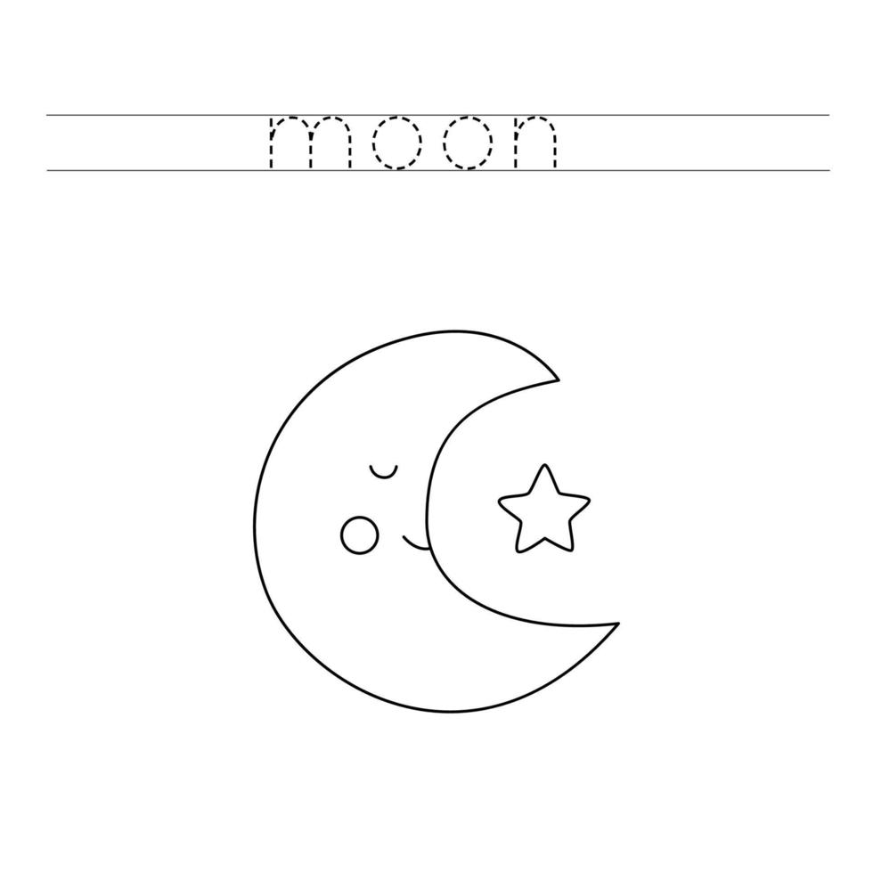 Trace the letters and color cute moon and star. Handwriting practice for kids. vector