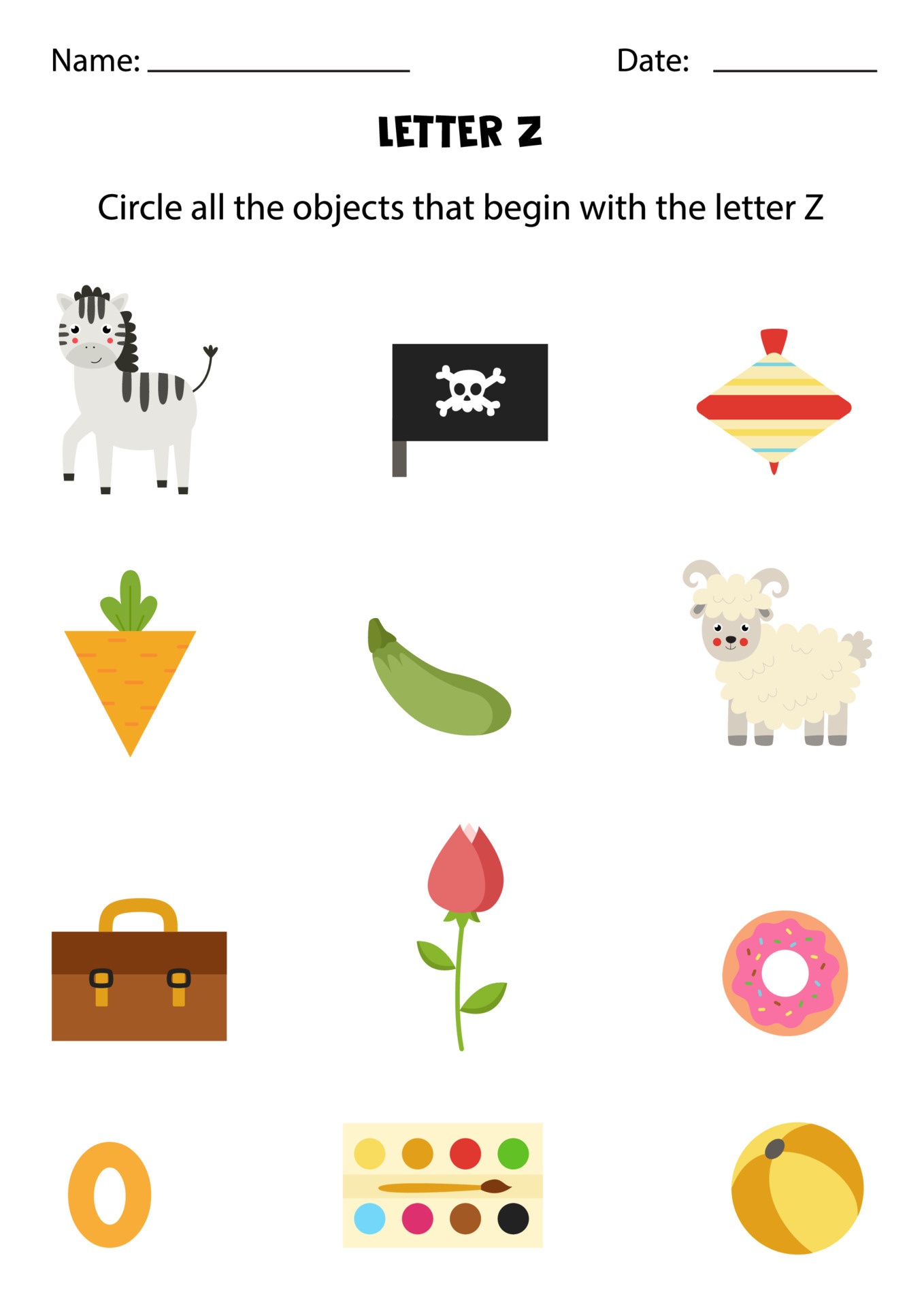 Letter recognition for kids. Circle all objects that start with Z