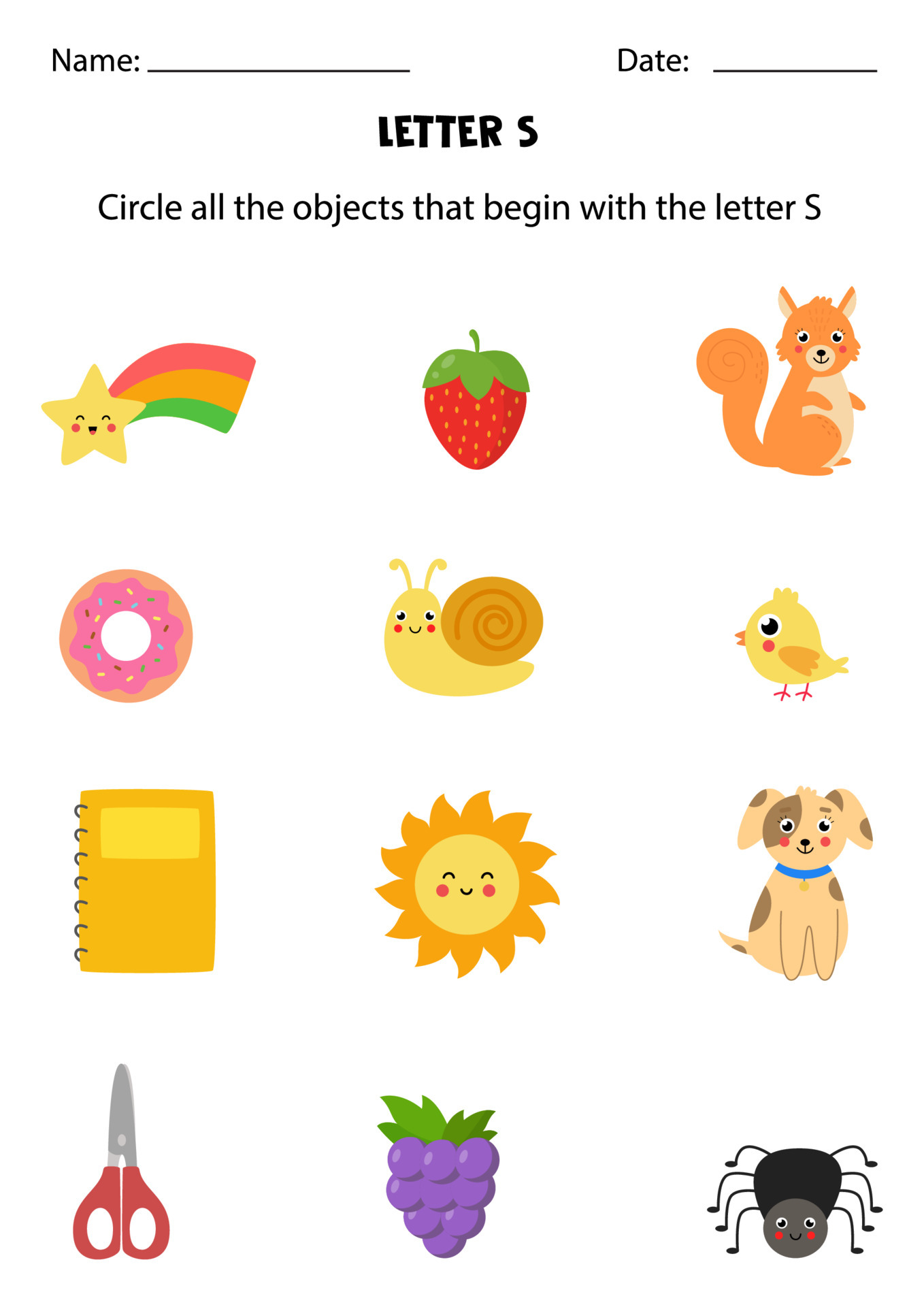 Letter recognition for kids. Circle all objects that start with S. 4929620  Vector Art at Vecteezy