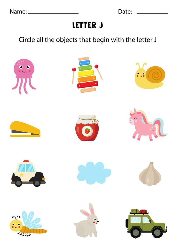 Letter recognition for kids. Circle all objects that start with J. vector