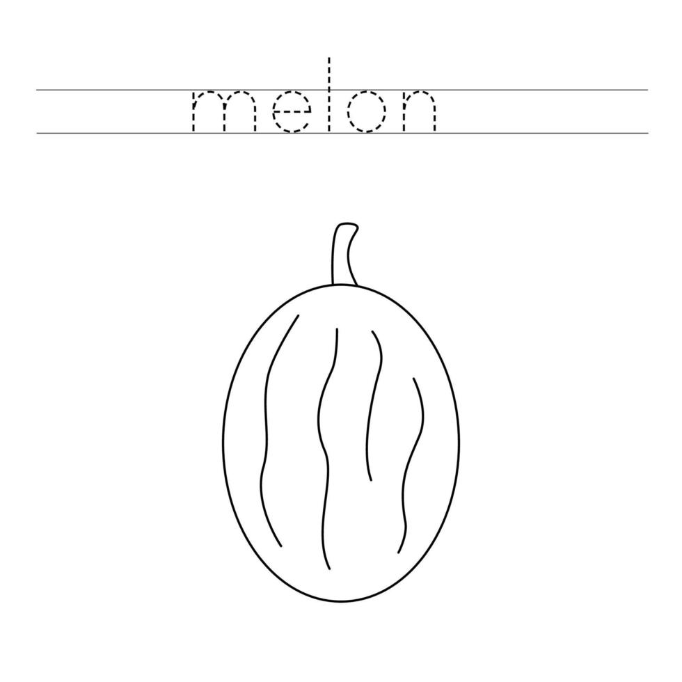 Trace the letters and color cartoon melon. Handwriting practice for kids. vector